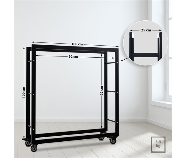 Conforama Soporte Para Leña Keri Con Ruedas Metal Negro 25X100X100 Cm