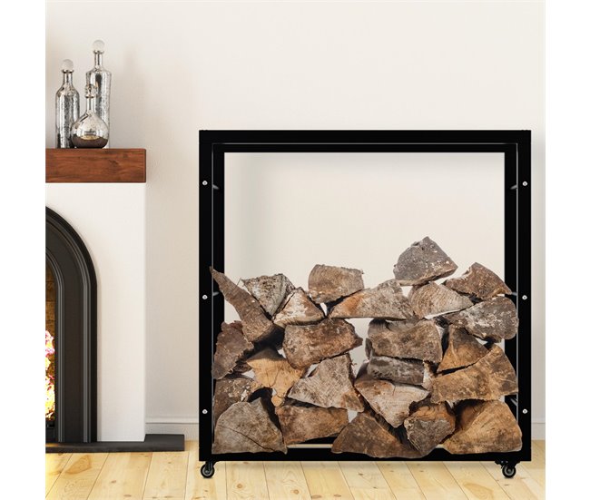 Conforama Soporte Para Leña Keri Con Ruedas Metal Negro 25X100X100 Cm