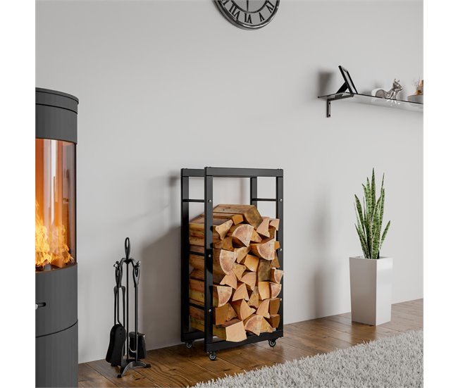 Conforama Soporte Para Leña Keri Con Ruedas Metal Negro 25X40X80 Cm