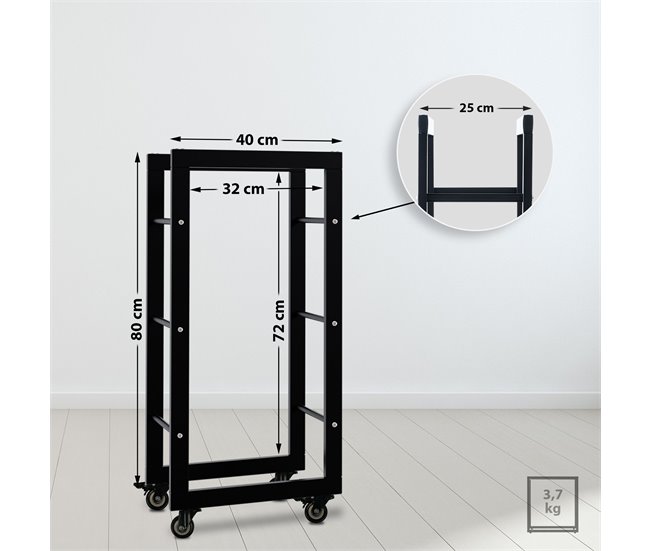 Conforama Soporte Para Leña Keri Con Ruedas Metal Negro 25X40X80 Cm
