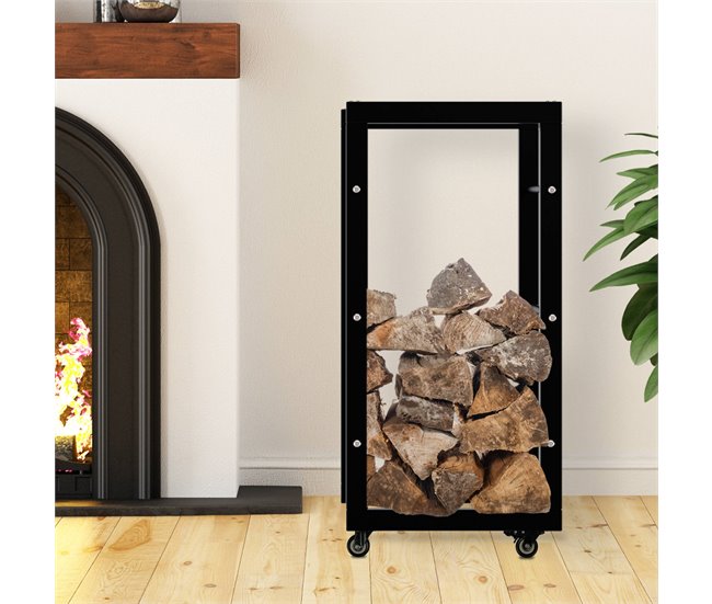 Conforama Soporte Para Leña Keri Con Ruedas Metal Negro 25X40X80 Cm