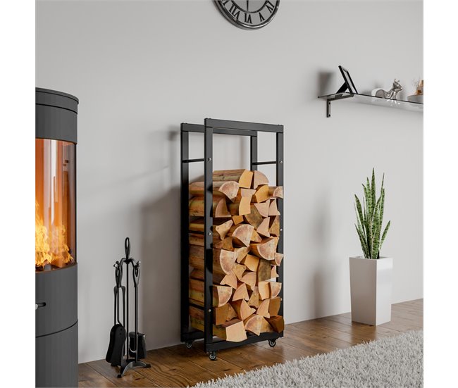 Conforama Soporte Para Leña Keri Con Ruedas Metal Negro 25X40X125 Cm