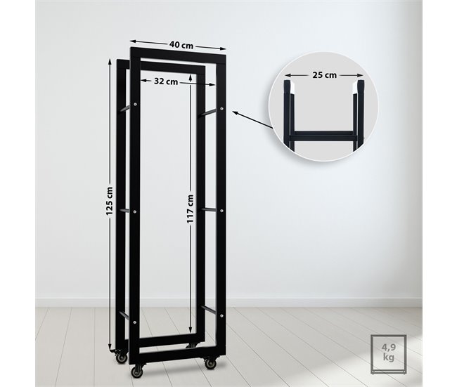 Conforama Soporte Para Leña Keri Con Ruedas Metal Negro 25X40X125 Cm