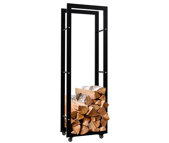 Conforama Soporte para leña Keri con ruedas Metal Negro 25X40X125 cm