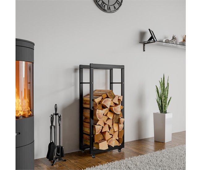 Conforama Soporte Para Leña Keri Con Ruedas Metal Negro 25X40X100 Cm