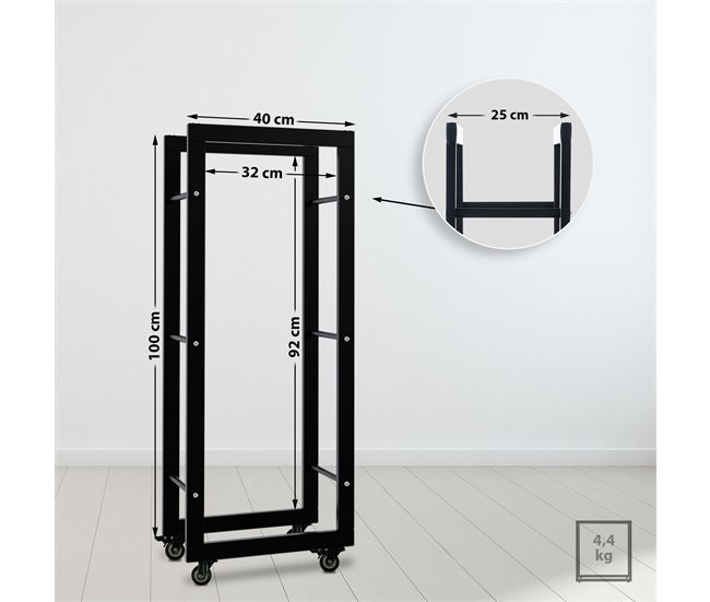 Conforama Soporte Para Leña Keri Con Ruedas Metal Negro 25X40X100 Cm