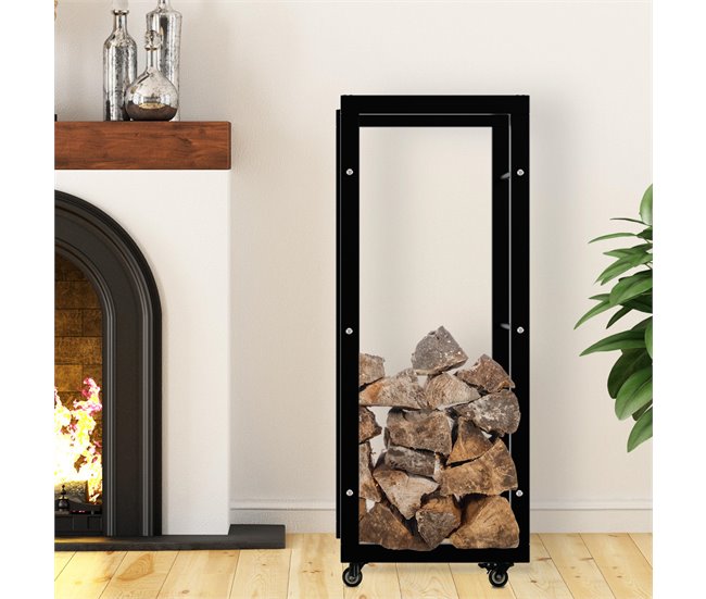 Conforama Soporte Para Leña Keri Con Ruedas Metal Negro 25X40X100 Cm