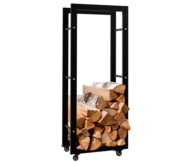 Conforama Soporte para leña Keri con ruedas Metal Negro 25X40X100 cm