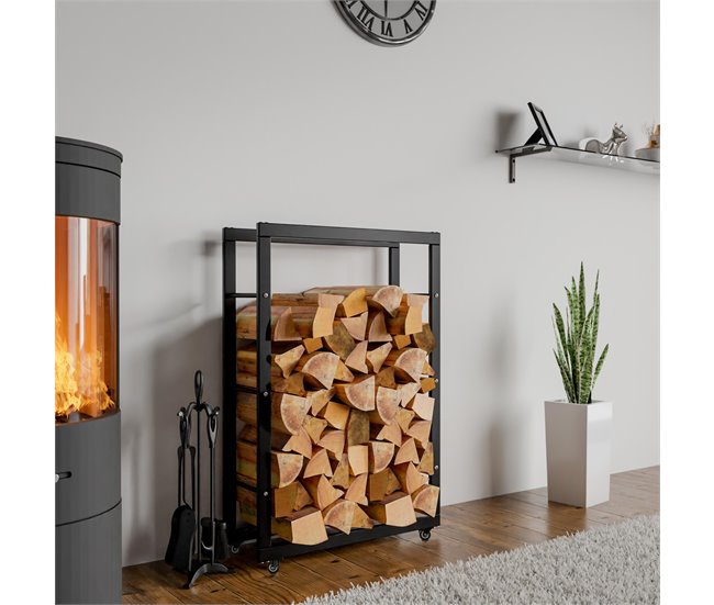 Conforama Soporte Para Leña Keri Con Ruedas Metal Negro 25X60X100 Cm