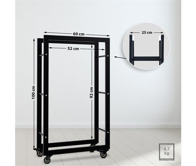 Conforama Soporte Para Leña Keri Con Ruedas Metal Negro 25X60X100 Cm
