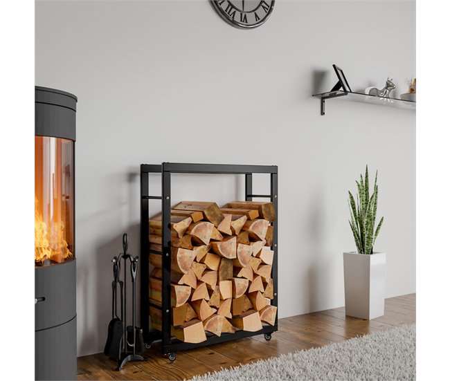 Conforama Soporte Para Leña Keri Con Ruedas Metal Negro 25X60X80 Cm