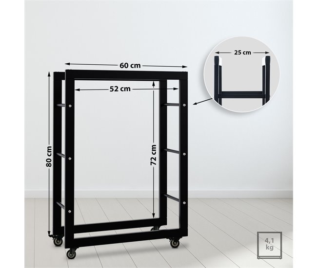 Conforama Soporte Para Leña Keri Con Ruedas Metal Negro 25X60X80 Cm