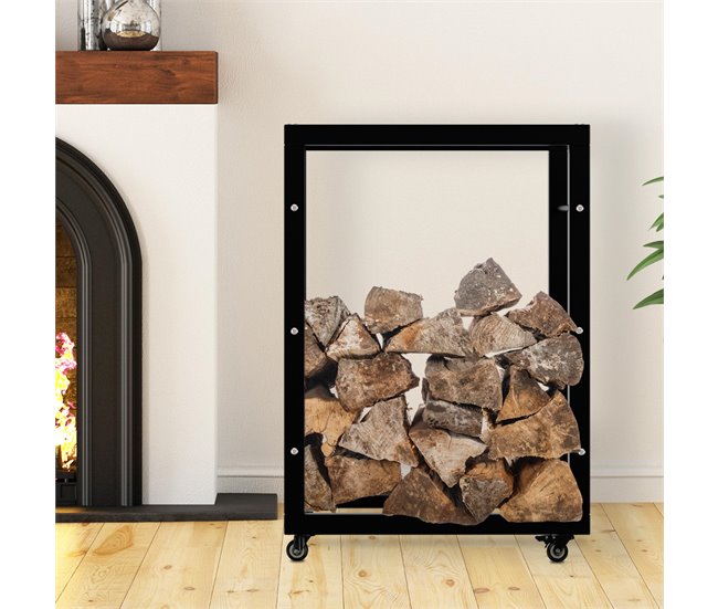 Conforama Soporte Para Leña Keri Con Ruedas Metal Negro 25X60X80 Cm