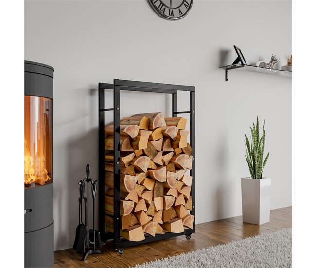 Conforama Soporte Para Leña Keri Con Ruedas Metal Negro 25X60X125 Cm