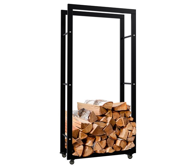Conforama Soporte para leña Keri con ruedas Metal Negro 25X60X125 cm