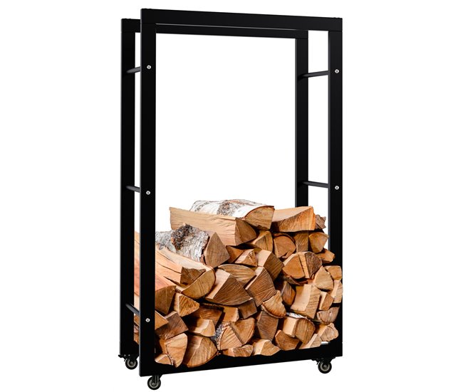 Conforama Soporte para leña Keri con ruedas Metal Negro 25X60X100 cm