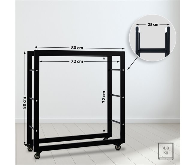 Conforama Soporte Para Leña Keri Con Ruedas Metal Negro 25X80X80 Cm