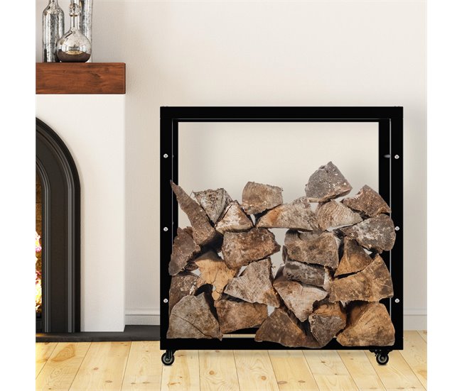 Conforama Soporte Para Leña Keri Con Ruedas Metal Negro 25X80X80 Cm