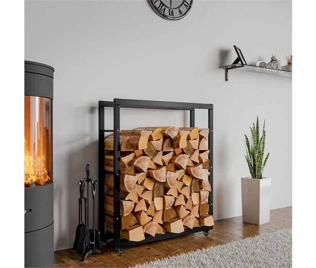Conforama Soporte Para Leña Keri Con Ruedas Metal Negro 25X80X100 Cm