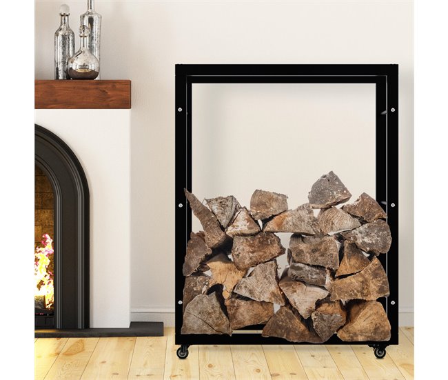 Conforama Soporte Para Leña Keri Con Ruedas Metal Negro 25X80X100 Cm