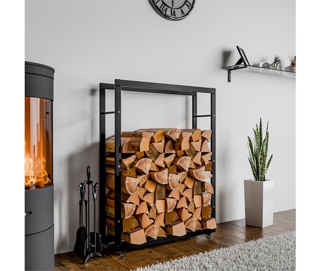 Conforama Soporte Para Leña Keri Con Ruedas Metal Negro 25X80X125 Cm