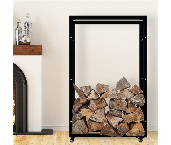 Conforama Soporte Para Leña Keri Con Ruedas Metal Negro 25X80X125 Cm