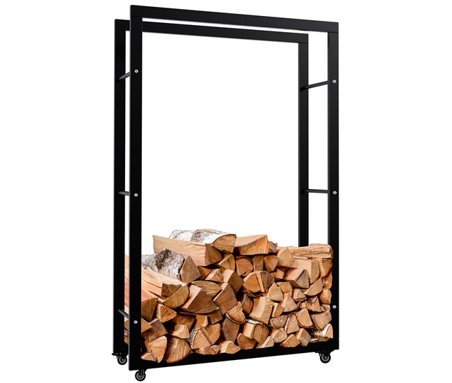 Conforama Soporte para leña Keri con ruedas Metal Negro 25X80X125 cm