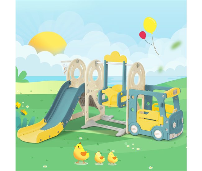 Conforama Tobogán Infantil 5 En 1 Con Autobús Columpio Escalera Y Cesta - Amarillo/Verde
