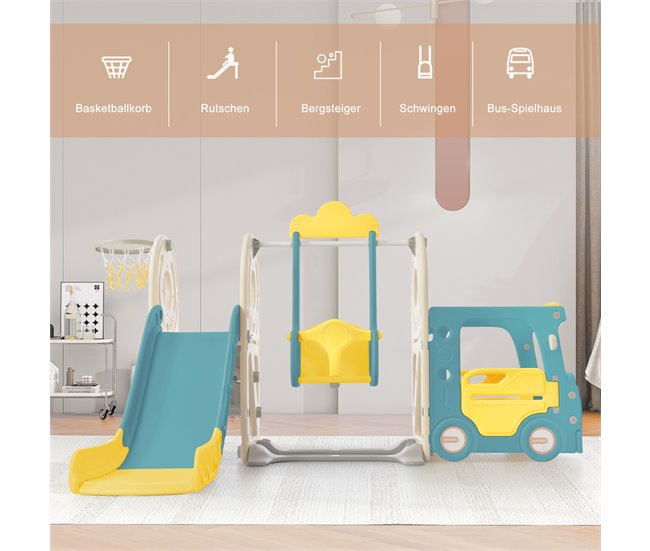 Conforama Tobogán Infantil 5 En 1 Con Autobús Columpio Escalera Y Cesta - Amarillo/Verde