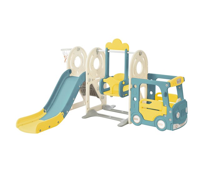 Conforama Tobogán infantil 5 en 1 con autobús columpio escalera y cesta - Amarillo/Verde