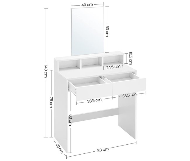 Conforama Tocador Blanco Con 1 Espejo Y 2 Cajones - L80 X H140 Cm