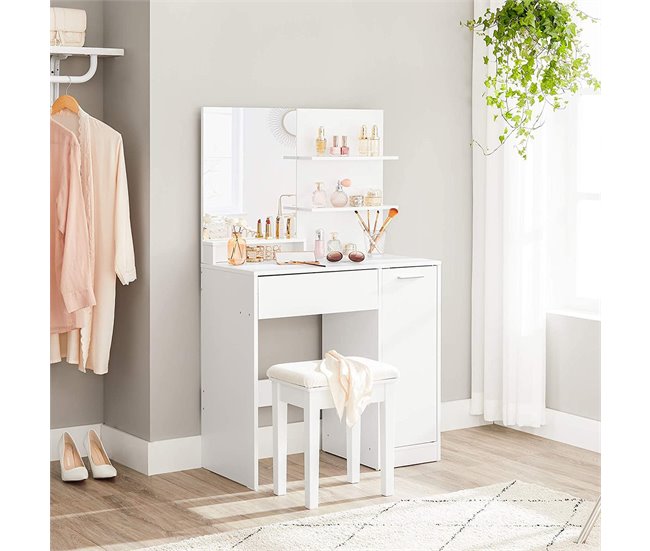 Conforama Tocador Blanco Con Espejo 1 Cajón 2 Estantes Y Armario De Almacenamiento - L80 X H132 Cm