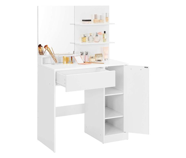 Conforama Tocador Blanco Con Espejo 1 Cajón 2 Estantes Y Armario De Almacenamiento - L80 X H132 Cm