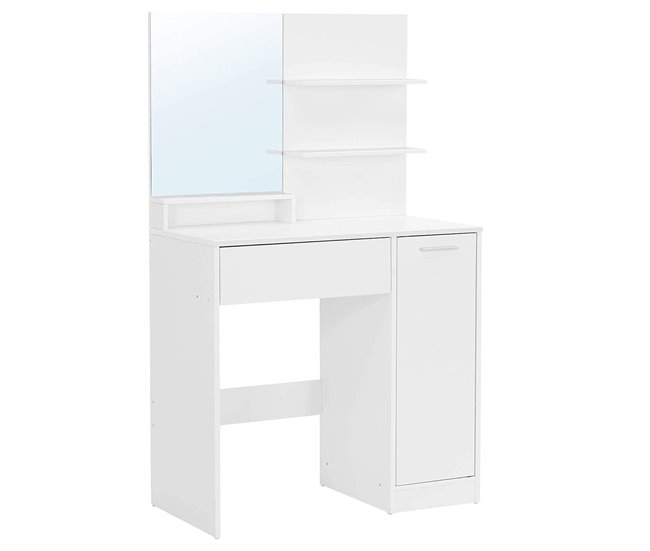 Conforama Tocador blanco con espejo 1 cajón 2 estantes y armario de almacenamiento - L80 x H132 cm