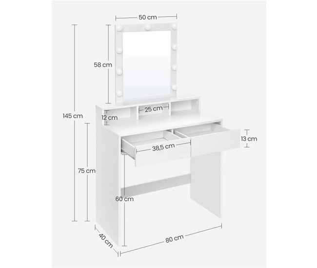 Conforama Tocador Blanco Con Espejo De Bombillas Y 2 Cajones - L80 X H145 Cm