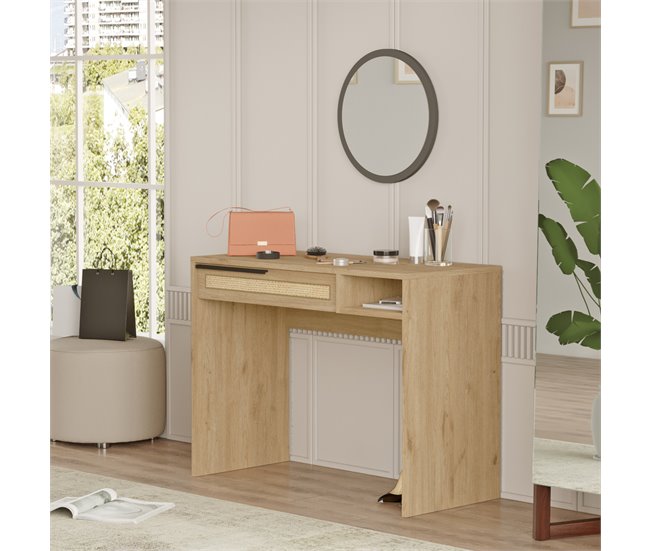 Conforama Tocador Maquillaje Kvænangen Con Cajón 100x44.5x75cm - Roble/Ratán [en.casa]