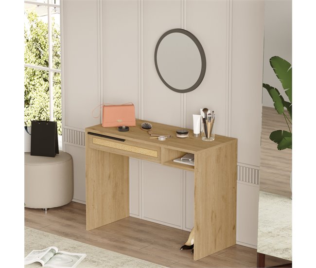 Conforama Tocador Maquillaje Kvænangen Con Cajón 100x44.5x75cm - Roble/Ratán [en.casa]
