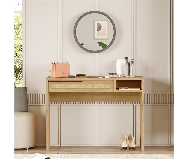 Conforama Tocador Maquillaje Kvænangen Con Cajón 100x44.5x75cm - Roble/Ratán [en.casa]
