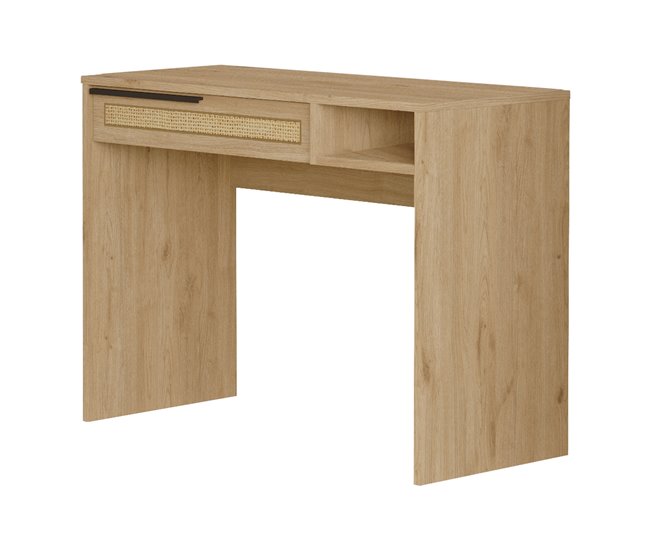 Conforama Tocador maquillaje Kvænangen con cajón 100x44.5x75cm - Roble/Ratán [en.casa]