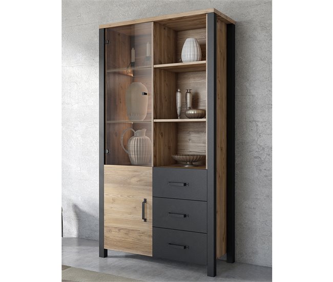 Conforama Vajillero 2 Puertas 3 Cajones Lyam Madera Y Negro