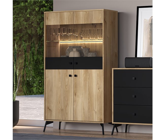 Conforama Vajillero 4 Puertas Con LED Elara Madera Y Negro