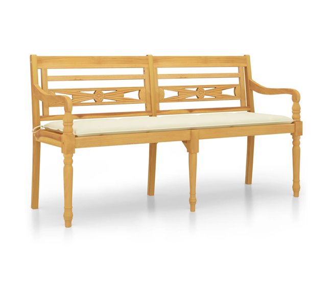 Conforama vidaXL Banco Batavia cojín color crema madera maciza de teca 150 cm