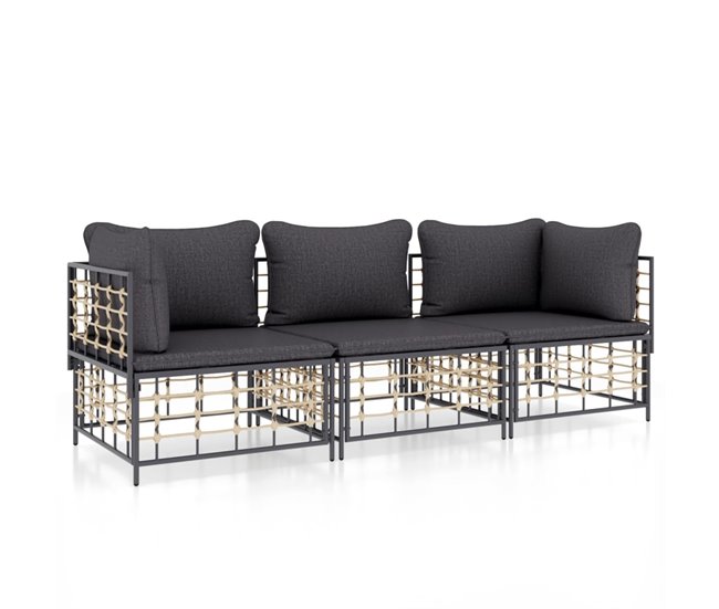 Conforama vidaXL Juego de muebles de jardín 3 pzas cojines antracita ratán PE