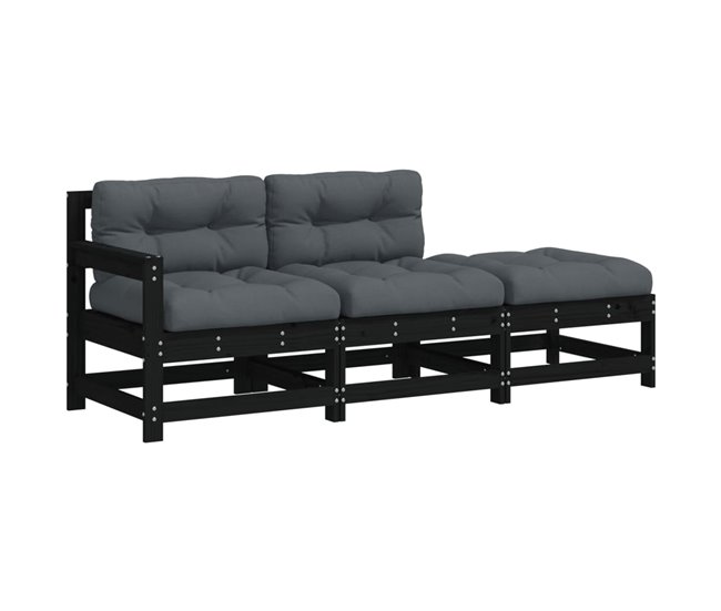 Conforama vidaXL Juego de sofás de jardín 3 pzas con cojines madera maciza negro