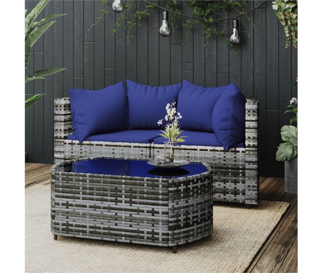Conforama VidaXL Set De Muebles De Jardín 3 Pzas Y Cojines Ratán Sintético Gris