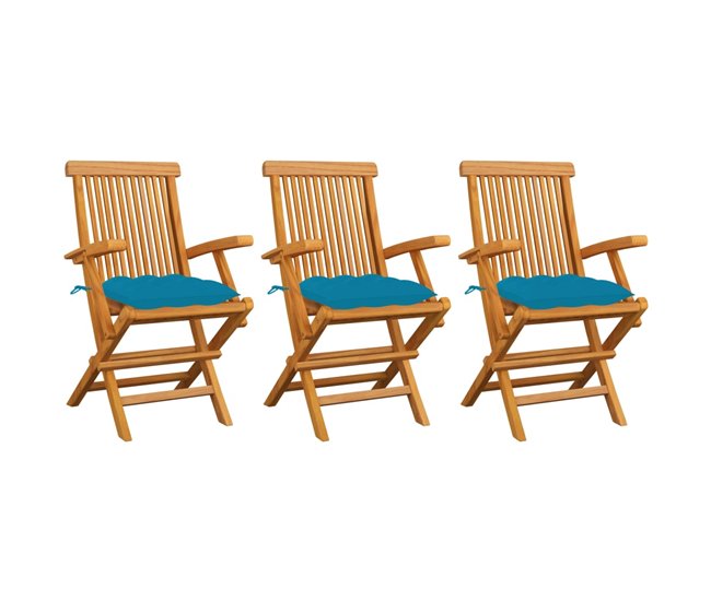 Conforama vidaXL Sillas de jardín 3 uds madera teca con cojines azul claro