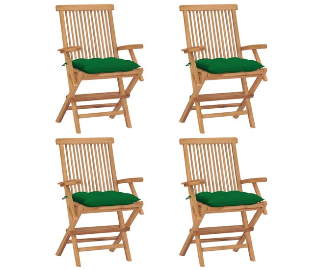 Conforama vidaXL Sillas de jardín 4 uds madera maciza de teca con cojines verdes