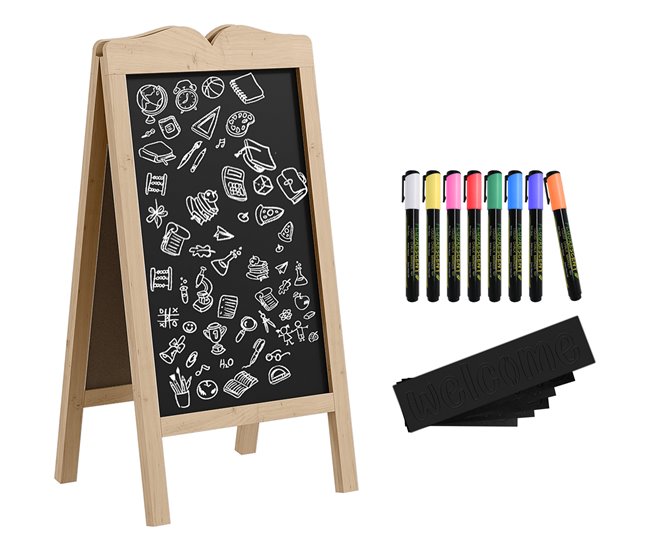Conforama Vinsetto Pizarra Caballete con Marco de Madera Pizarra de Pie Magnética Plegable con 8 Tizas Líquidas y 6 Tableros Doble Cara 51x42x101 cm Natural