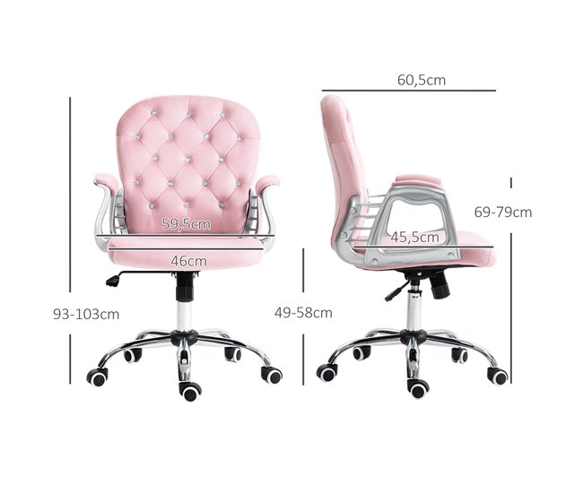 Conforama Vinsetto Silla De Escritorio Tapizada En Terciopelo Silla Giratoria Con Altura Ajustable Reposabrazos Y Decoraciones De Diamantes Carga 120 Kg Silla Para Estudio Dormitorio 59 5x60 5x93-103 Cm Rosa