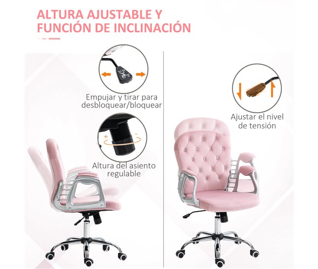 Conforama Vinsetto Silla De Escritorio Tapizada En Terciopelo Silla Giratoria Con Altura Ajustable Reposabrazos Y Decoraciones De Diamantes Carga 120 Kg Silla Para Estudio Dormitorio 59 5x60 5x93-103 Cm Rosa